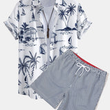 Island-Inspired Sailing Print Button-Up Shirt & Vertical Stripe Drawstring Swim Shorts