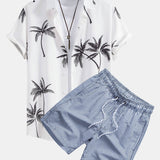 Palm Tree Print Button-Up Shirt with Striped Swim Shorts