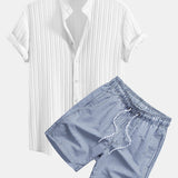 Textured Stand Collar Shirt with Striped Swim Shorts