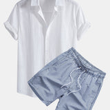 Linen-Style Cotton Button-Up Shirt with Striped Swim Shorts