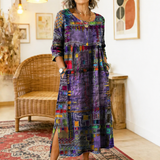 RENATA – Spalvinga džinsinė patchwork suknelė