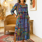 RENATA – Spalvinga džinsinė patchwork suknelė