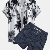 Button-Up Shirt with Palm Tree Print & Striped Swim Shorts