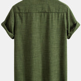 Short Sleeve Stand Collar Shirt with Linen Drawstring Shorts