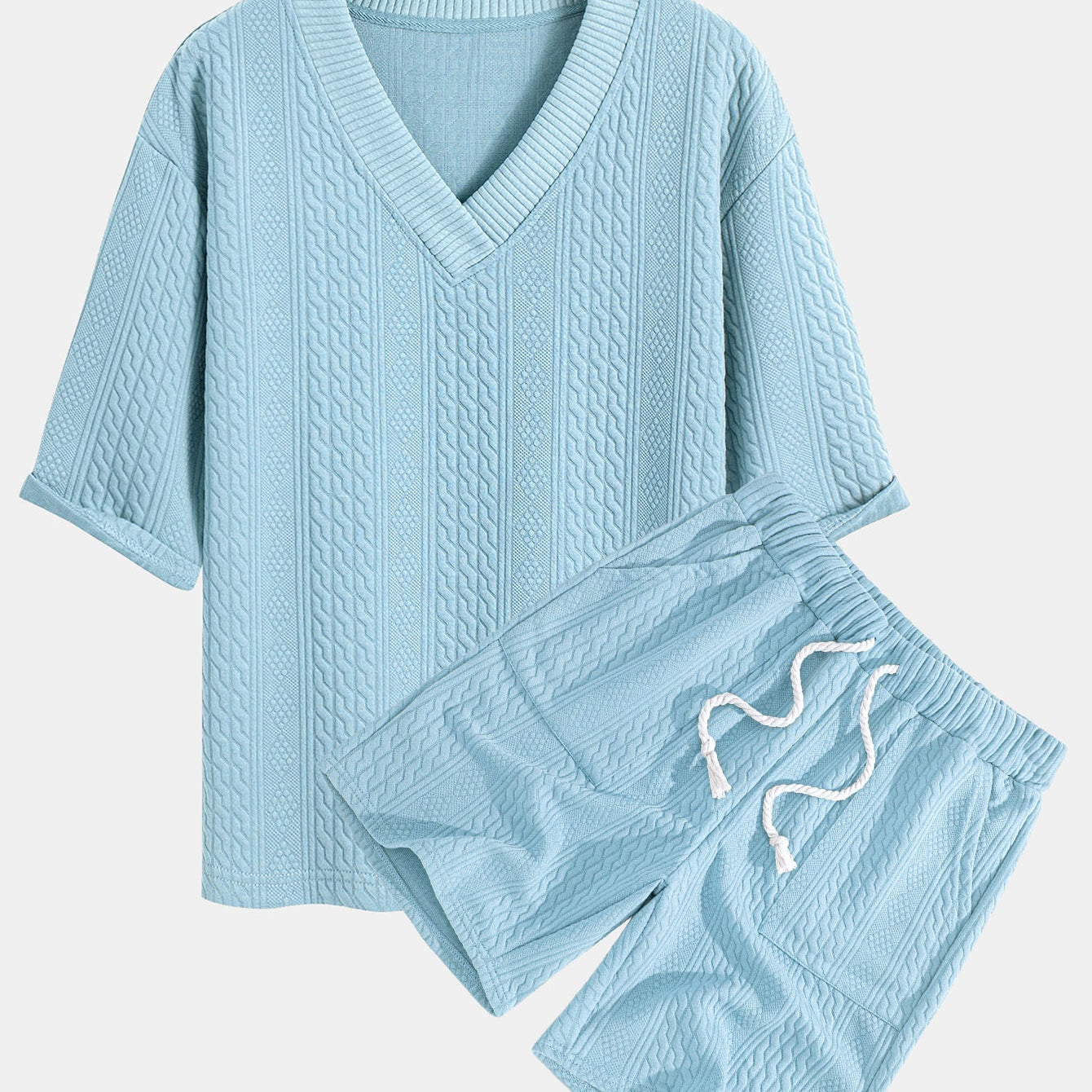 Relaxed Fit Geometric Jacquard V-Neck T-Shirt with Three-Quarter Sleeves and Shorts