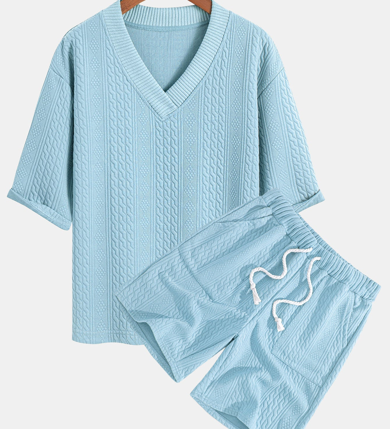 Relaxed Fit Geometric Jacquard V-Neck T-Shirt with Three-Quarter Sleeves and Shorts