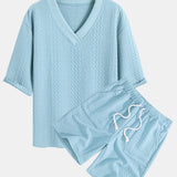 Relaxed Fit Geometric Jacquard V-Neck T-Shirt with Three-Quarter Sleeves and Shorts