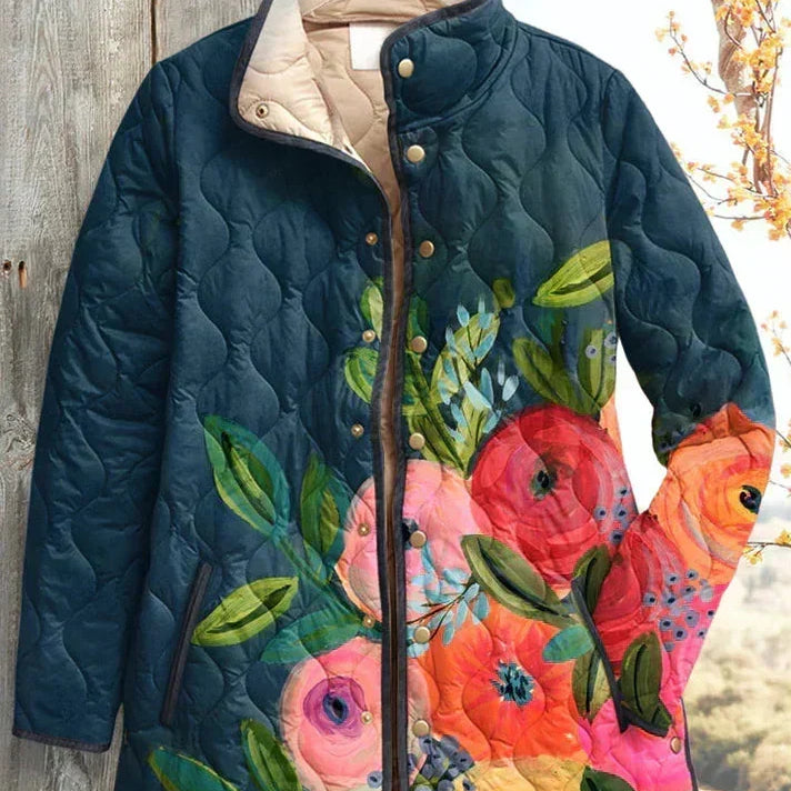 Florie – Quilted Jacket with Floral Print and Plush Collar