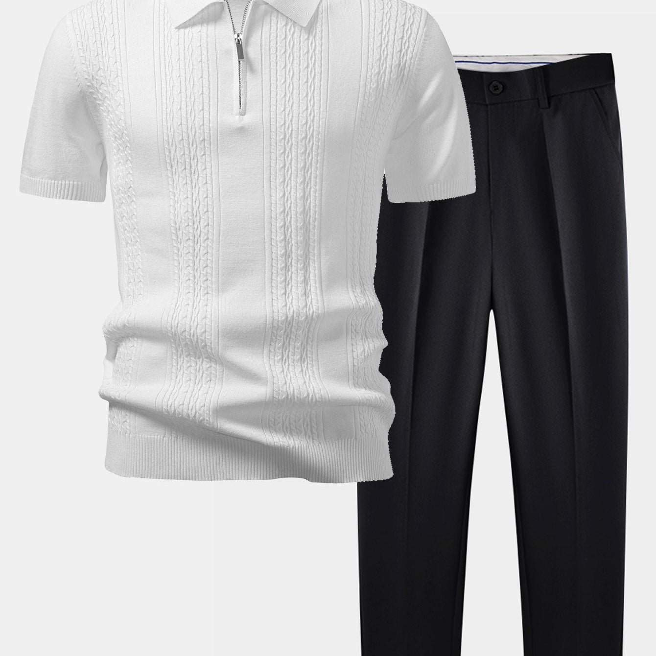 Twisted Jacquard Knit Zipper Polo & Slim Fit Tapered Pants