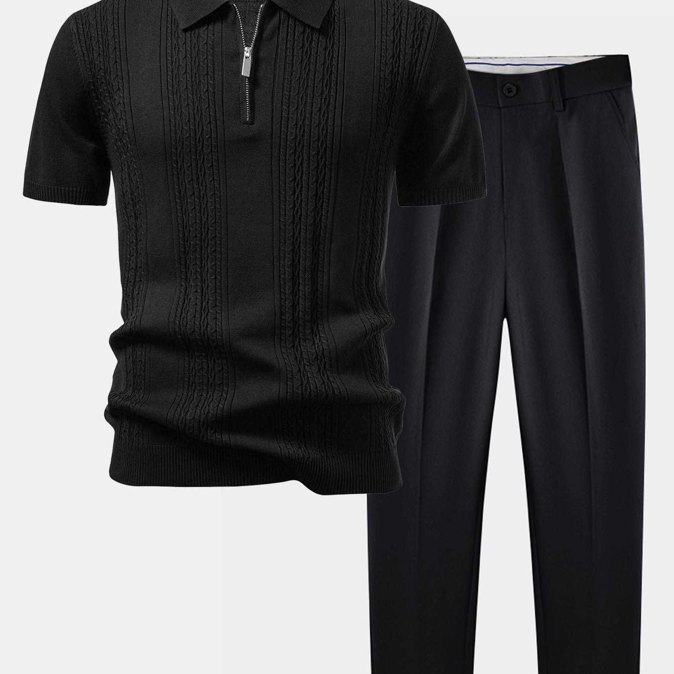 Twisted Jacquard Knit Zipper Polo & Slim Fit Tapered Pants