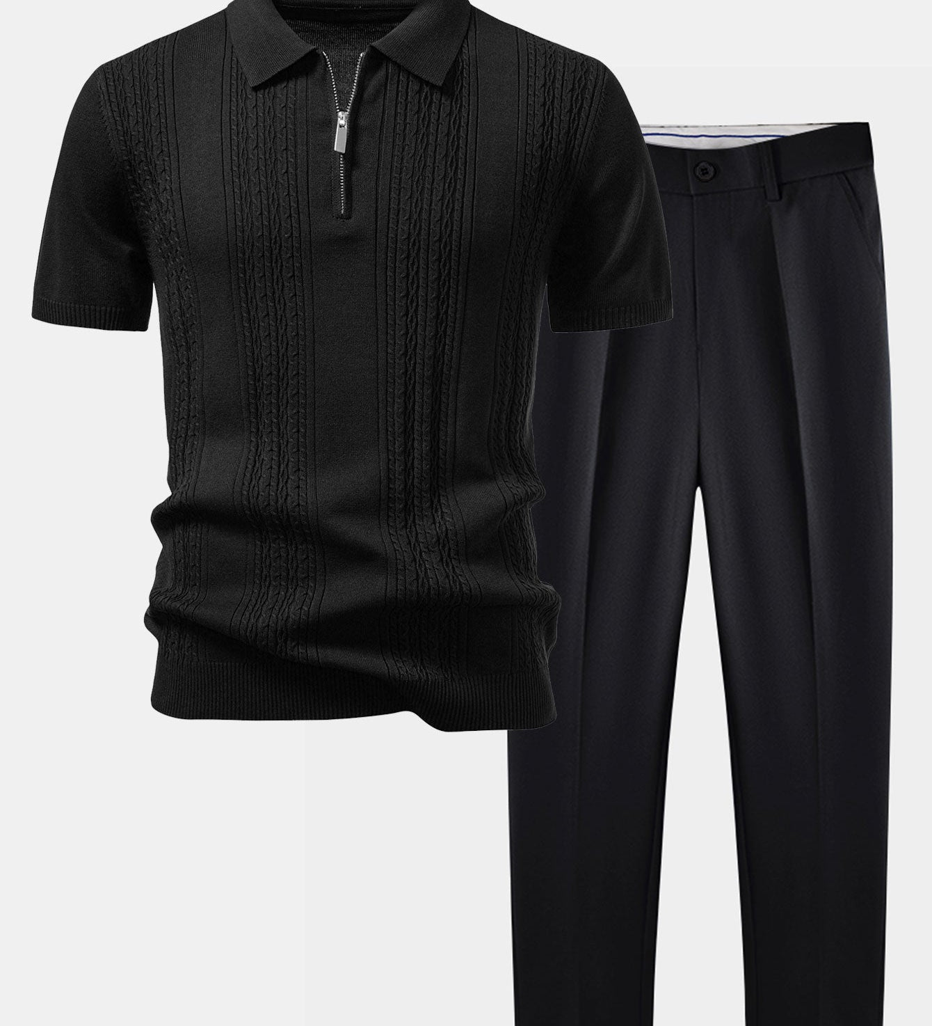 Twisted Jacquard Knit Zipper Polo & Slim Fit Tapered Pants