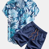 Tropical Print Button-Up Shirt & Swim Shorts Set with Musical Instrument Design