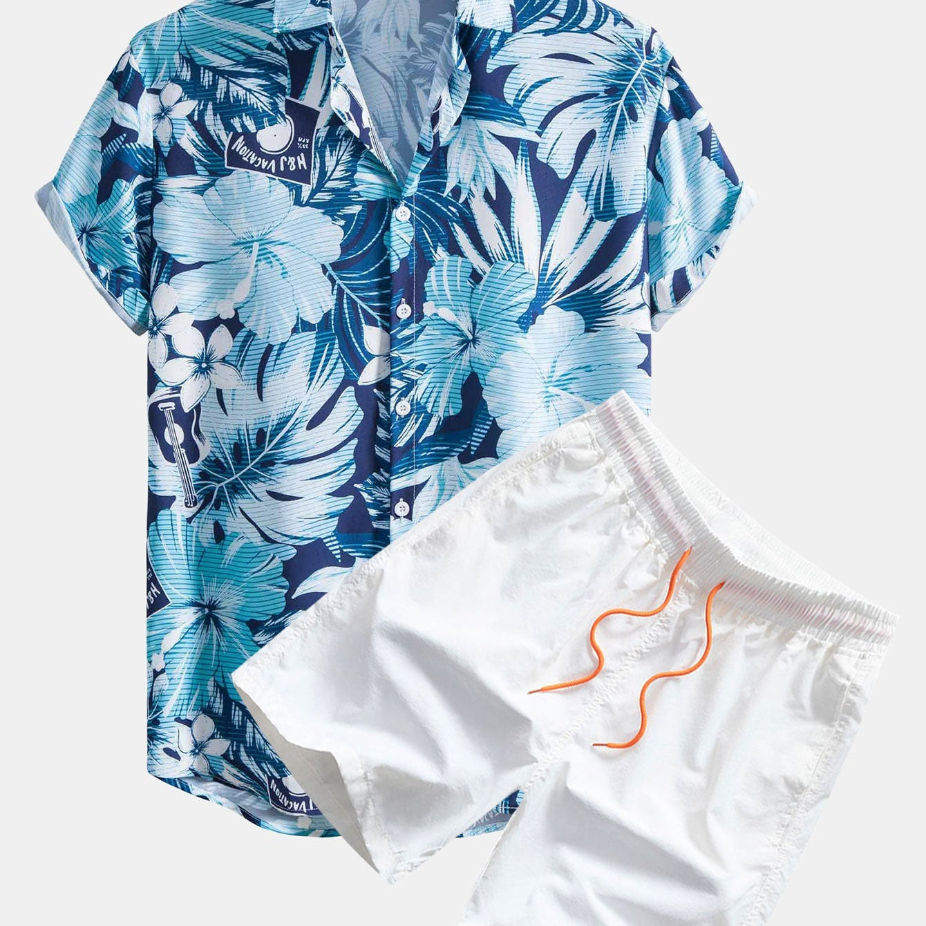 Tropical Print Button-Up Shirt & Swim Shorts Set with Musical Instrument Design