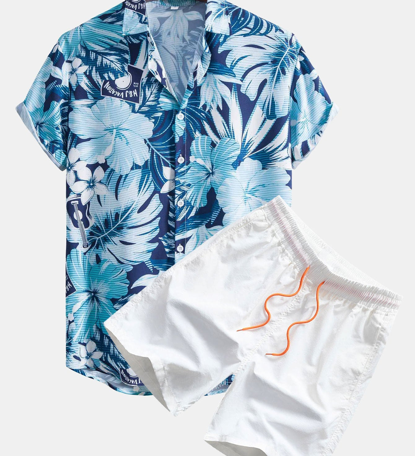 Tropical Print Button-Up Shirt & Swim Shorts Set with Musical Instrument Design