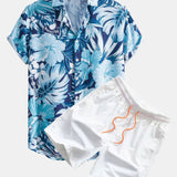 Tropical Print Button-Up Shirt & Swim Shorts Set with Musical Instrument Design