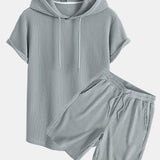 Knitted Waffle Hooded T-Shirt with Arc Hem & Drawstring Waffle Shorts