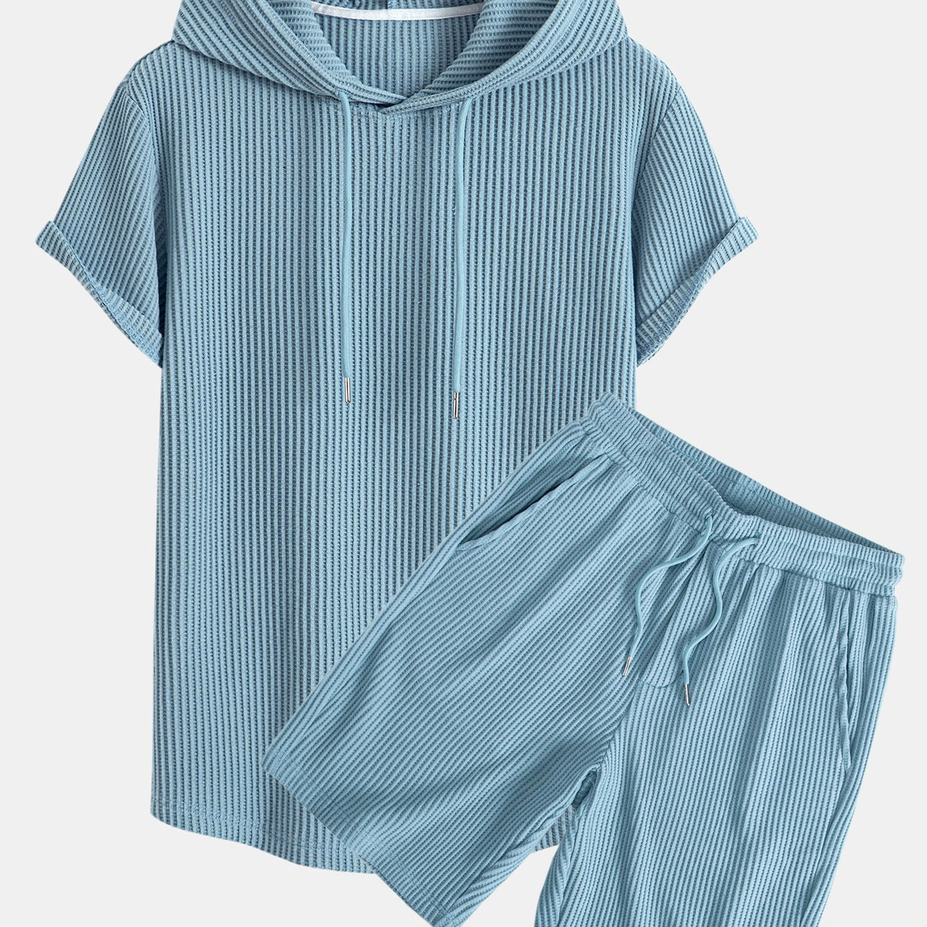 Knitted Waffle Hooded T-Shirt with Arc Hem & Drawstring Waffle Shorts