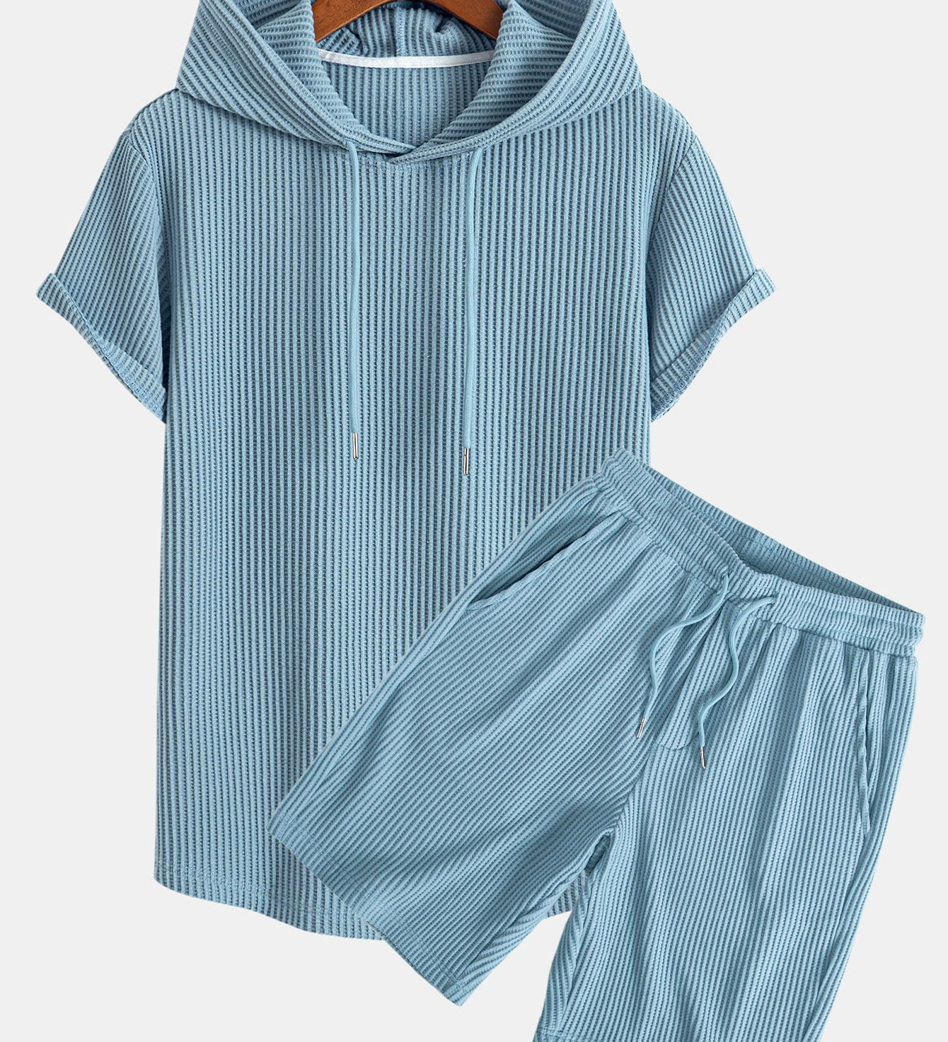 Knitted Waffle Hooded T-Shirt with Arc Hem & Drawstring Waffle Shorts