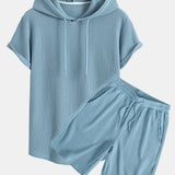 Knitted Waffle Hooded T-Shirt with Arc Hem & Drawstring Waffle Shorts