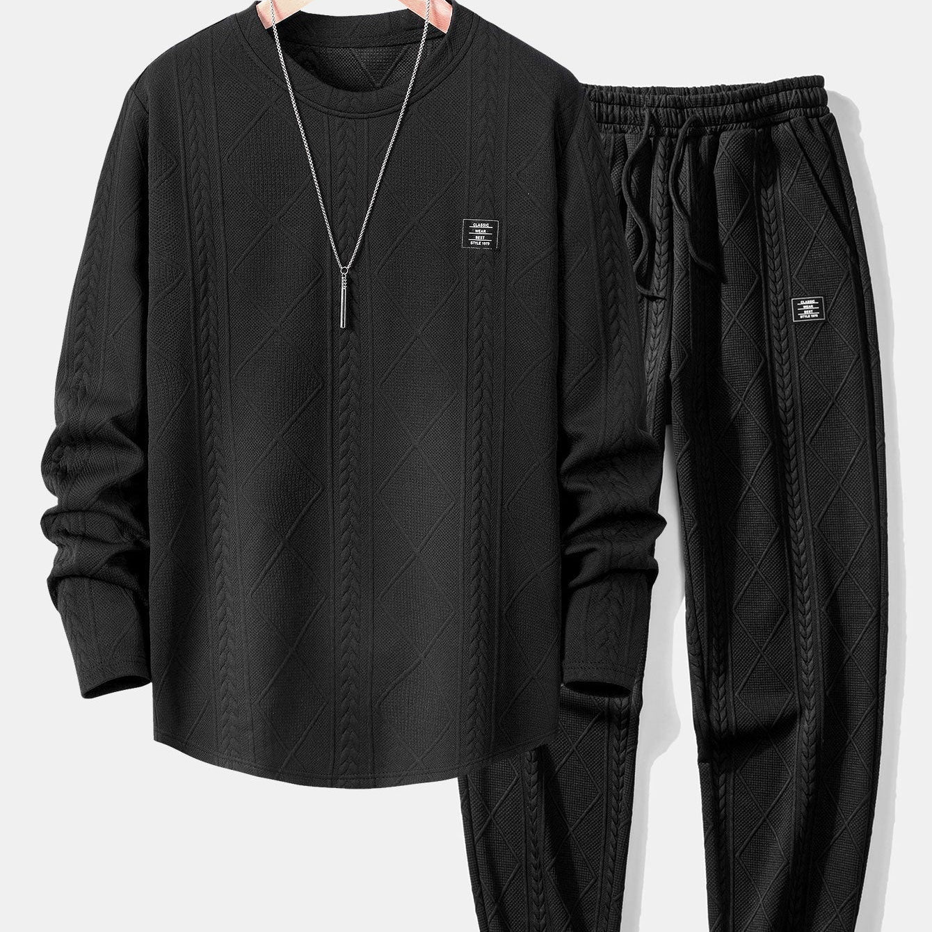 Geometric Jacquard Long Sleeve T-Shirt with Arc Hem & Jogger Pants Set