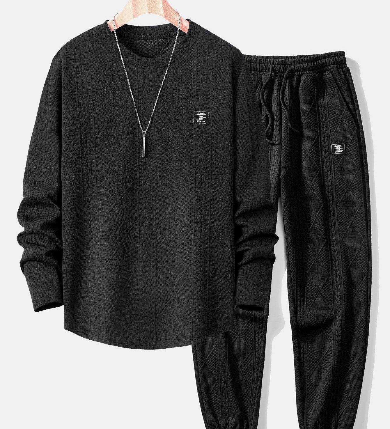 Geometric Jacquard Long Sleeve T-Shirt with Arc Hem & Jogger Pants Set