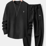 Geometric Jacquard Long Sleeve T-Shirt with Arc Hem & Jogger Pants Set