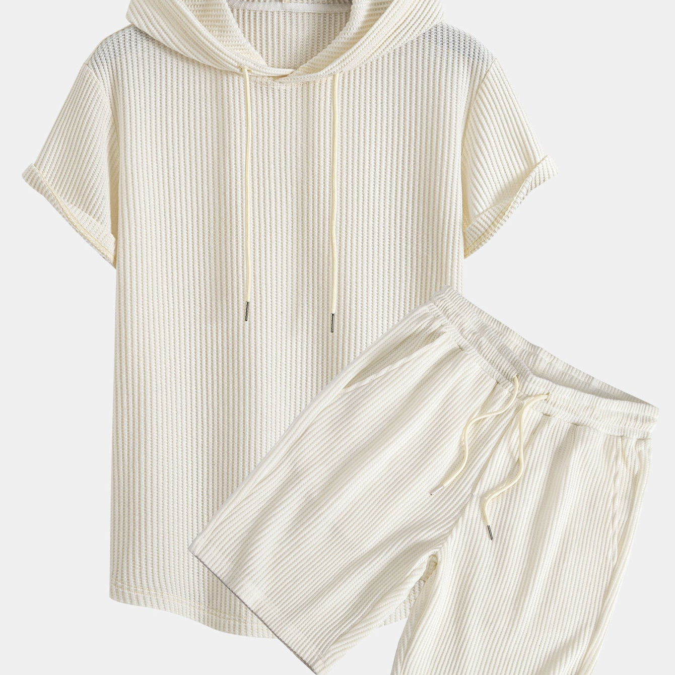 Knitted Waffle Hooded T-Shirt with Arc Hem & Drawstring Waffle Shorts