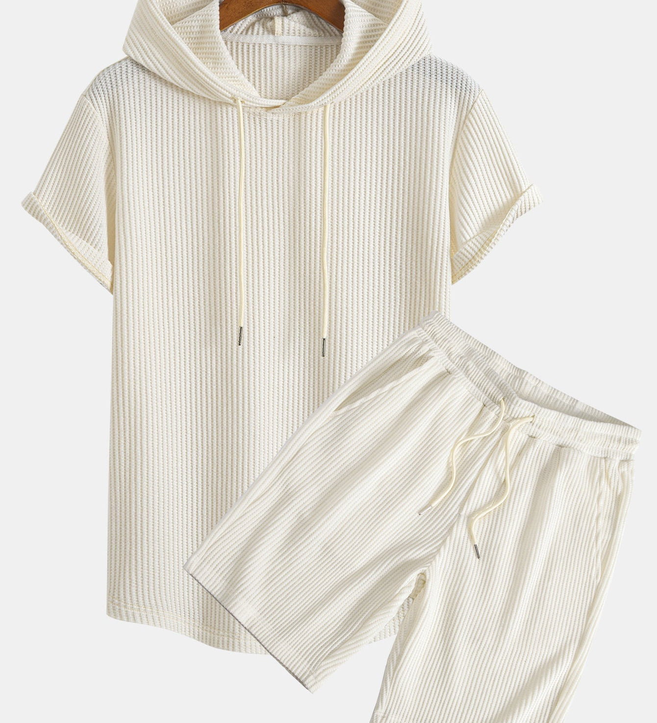 Knitted Waffle Hooded T-Shirt with Arc Hem & Drawstring Waffle Shorts