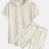 Knitted Waffle Hooded T-Shirt with Arc Hem & Drawstring Waffle Shorts