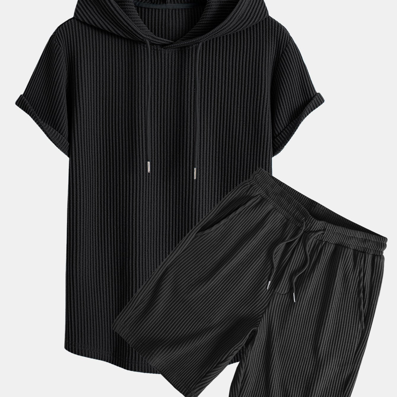 Knitted Waffle Hooded T-Shirt with Arc Hem & Drawstring Waffle Shorts