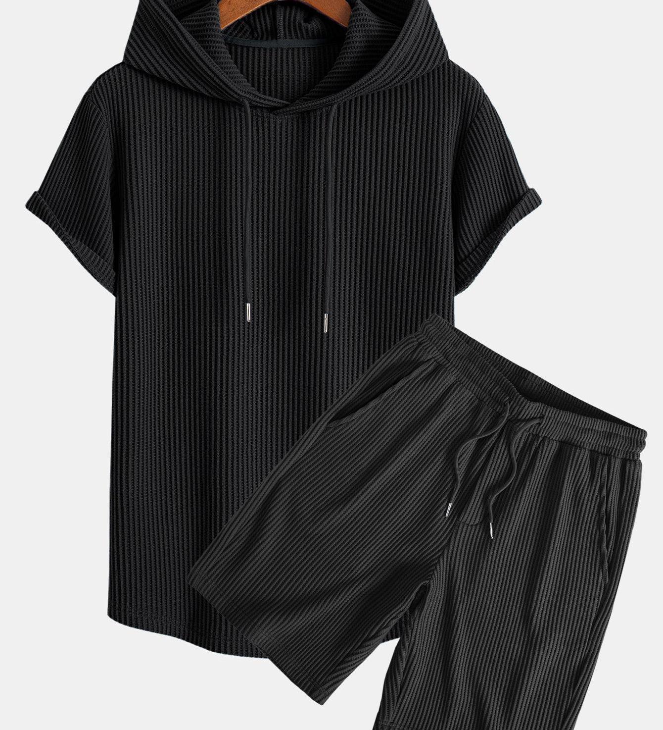 Knitted Waffle Hooded T-Shirt with Arc Hem & Drawstring Waffle Shorts