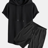 Knitted Waffle Hooded T-Shirt with Arc Hem & Drawstring Waffle Shorts