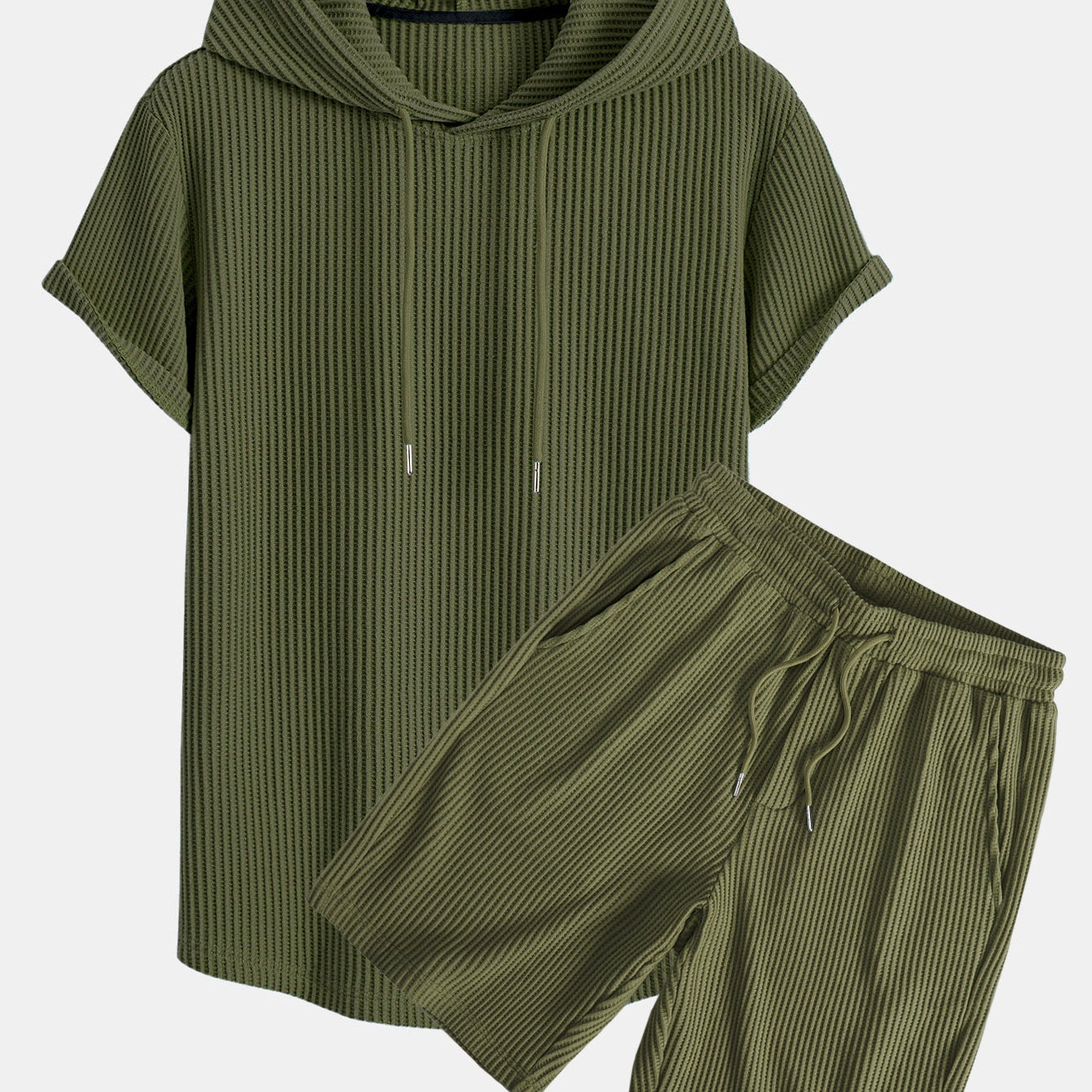 Knitted Waffle Hooded T-Shirt with Arc Hem & Drawstring Waffle Shorts