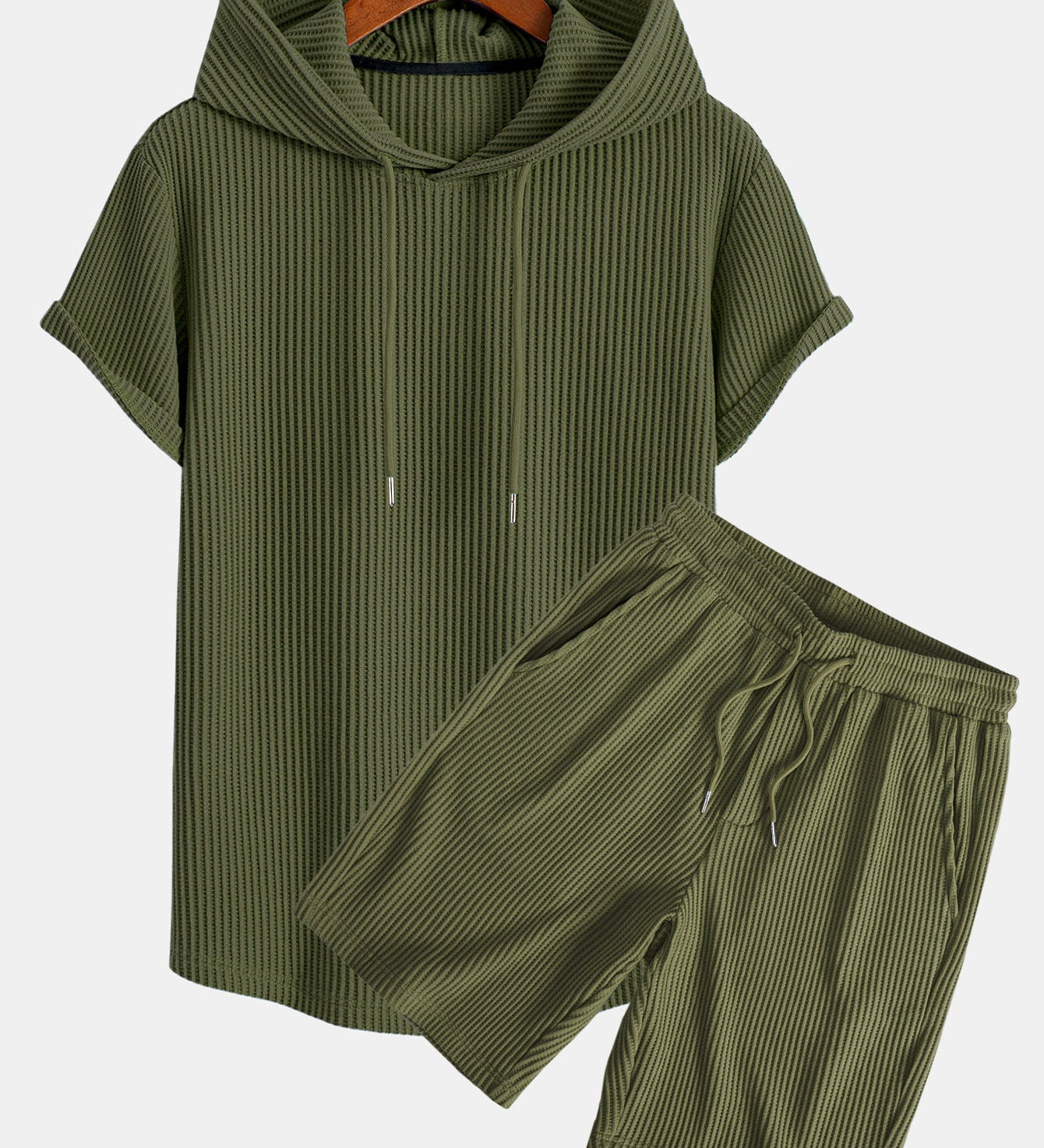 Knitted Waffle Hooded T-Shirt with Arc Hem & Drawstring Waffle Shorts