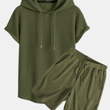 Knitted Waffle Hooded T-Shirt with Arc Hem & Drawstring Waffle Shorts
