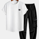 Short Sleeve Geometric Jacquard T-Shirt with Arc Hem & Drawstring Corduroy Cargo Joggers