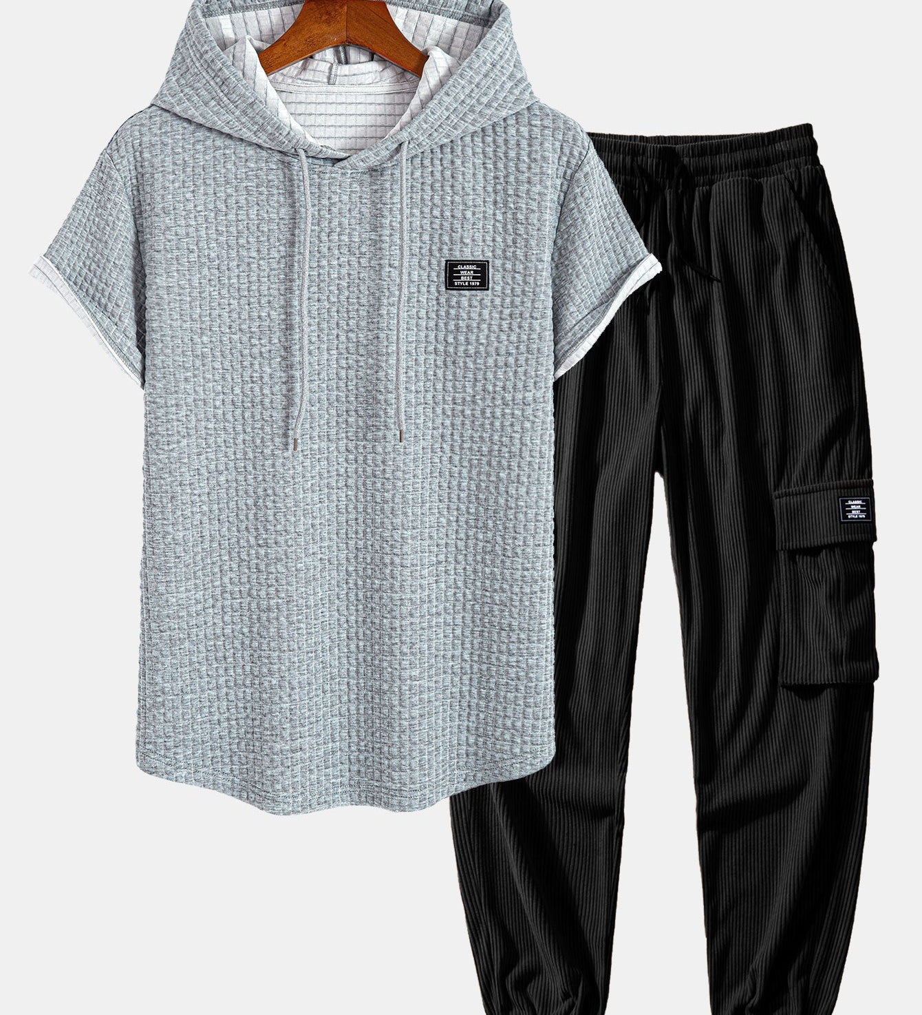 Waffle Knit Hooded T-Shirt with Arc Hem & Drawstring Corduroy Cargo Joggers