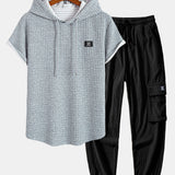 Waffle Knit Hooded T-Shirt with Arc Hem & Drawstring Corduroy Cargo Joggers