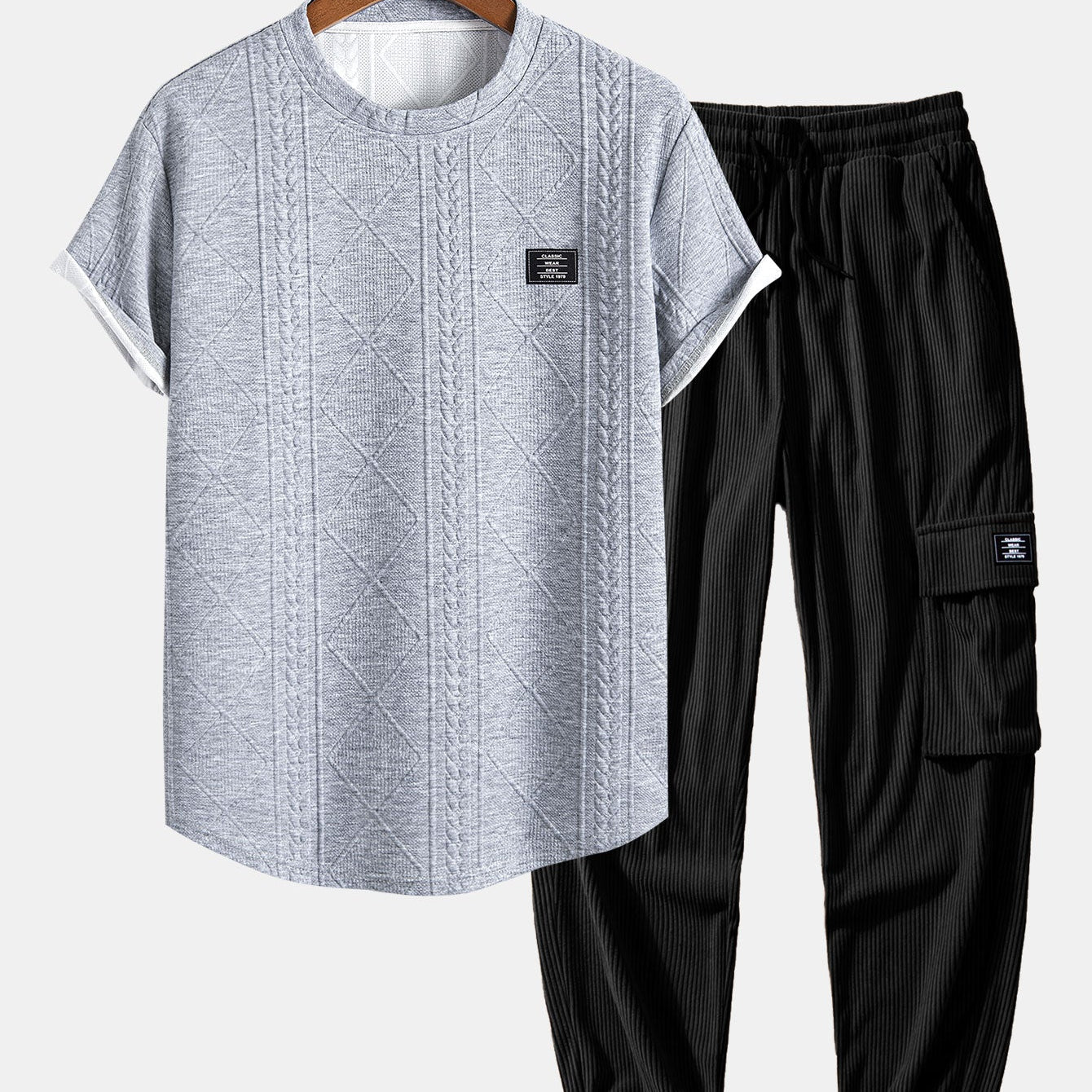 Short Sleeve Geometric Jacquard T-Shirt with Arc Hem & Drawstring Corduroy Cargo Joggers