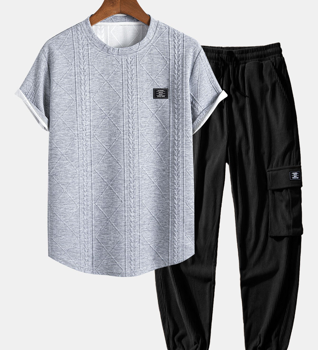 Short Sleeve Geometric Jacquard T-Shirt with Arc Hem & Drawstring Corduroy Cargo Joggers