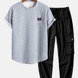 Short Sleeve Geometric Jacquard T-Shirt with Arc Hem & Drawstring Corduroy Cargo Joggers