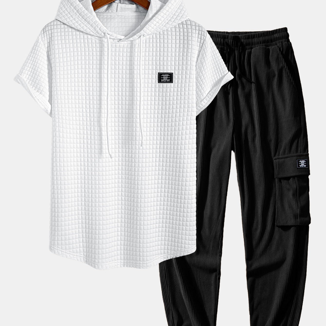Waffle Knit Hooded T-Shirt with Arc Hem & Drawstring Corduroy Cargo Joggers