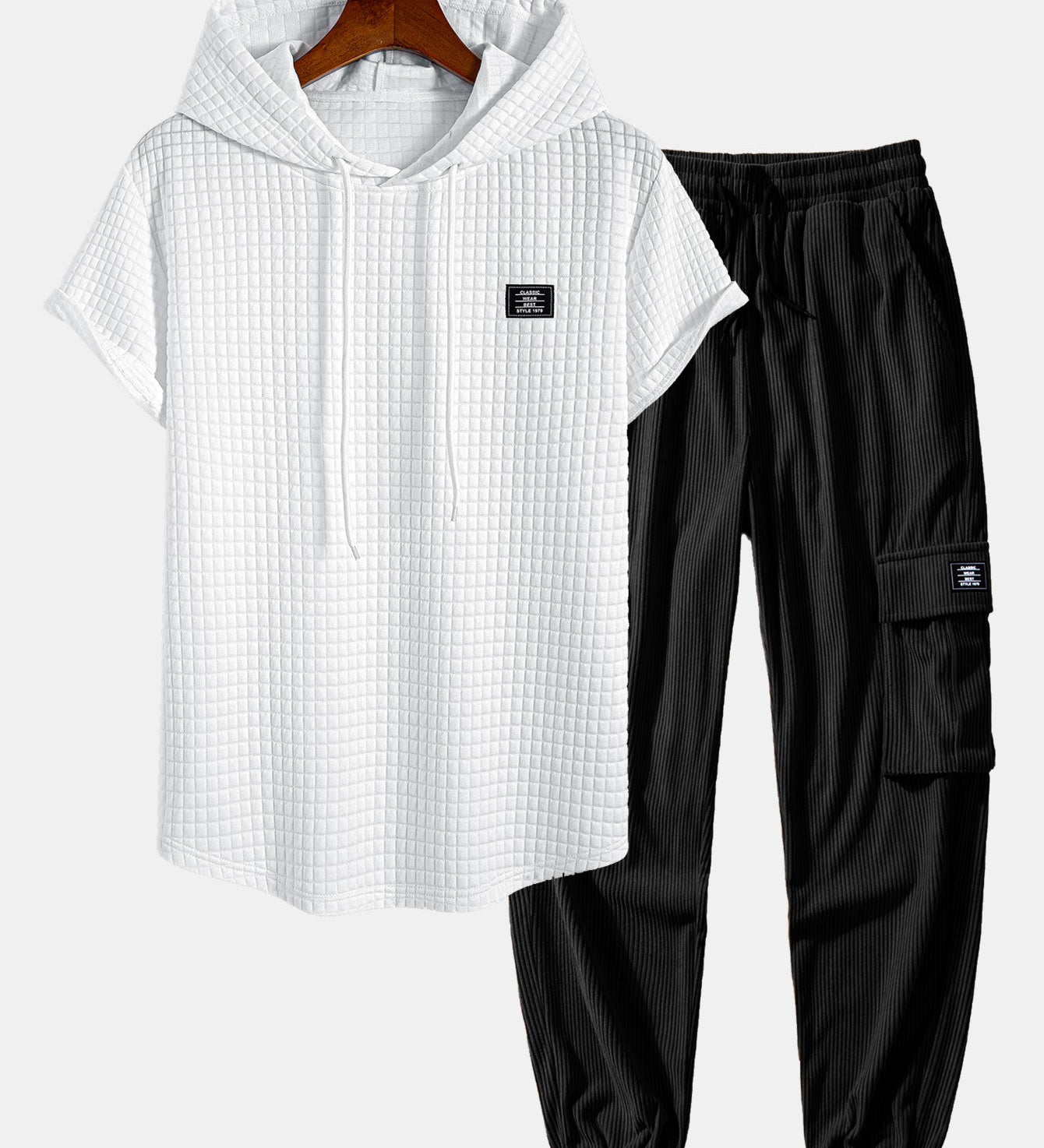 Waffle Knit Hooded T-Shirt with Arc Hem & Drawstring Corduroy Cargo Joggers