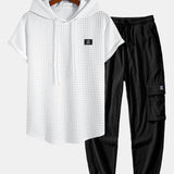 Waffle Knit Hooded T-Shirt with Arc Hem & Drawstring Corduroy Cargo Joggers