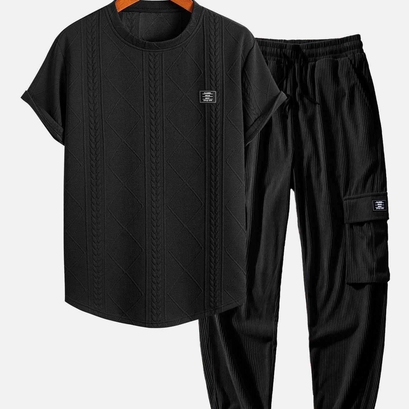 Short Sleeve Geometric Jacquard T-Shirt with Arc Hem & Drawstring Corduroy Cargo Joggers