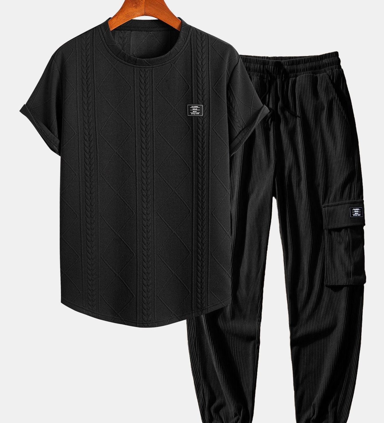 Short Sleeve Geometric Jacquard T-Shirt with Arc Hem & Drawstring Corduroy Cargo Joggers
