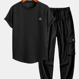 Short Sleeve Geometric Jacquard T-Shirt with Arc Hem & Drawstring Corduroy Cargo Joggers