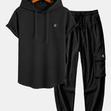 Waffle Knit Hooded T-Shirt with Arc Hem & Drawstring Corduroy Cargo Joggers