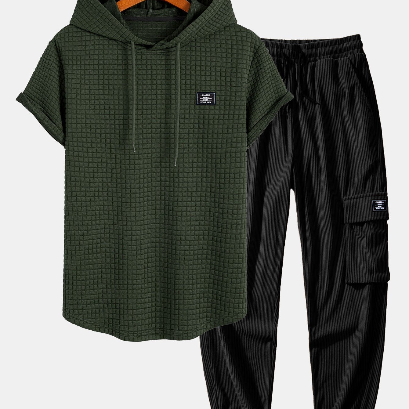 Waffle Knit Hooded T-Shirt with Arc Hem & Drawstring Corduroy Cargo Joggers