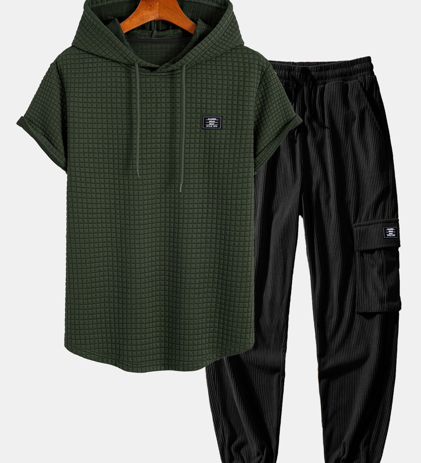 Waffle Knit Hooded T-Shirt with Arc Hem & Drawstring Corduroy Cargo Joggers